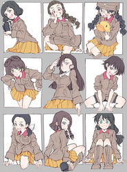  6+girls :o alternate_costume annotated armpits bangs bike_shorts black_bow black_eyes black_hair black_shorts boots bow braid bright_pupils brown_eyes brown_footwear brown_hair brown_headwear brown_jacket camera chi-hatan_military_uniform chin_rest closed_mouth commentary cropped_legs crossed_legs eyebrows_visible_through_hair from_behind fukuda_(girls_und_panzer) girls_und_panzer green_eyes grin hair_over_shoulder hair_rings hairbow hands_on_hips head_tilt helmet highres holding holding_camera holding_stuffed_animal hosomi_(girls_und_panzer) ikeda_(girls_und_panzer) isobe_noriko jacket knee_boots kneeling kubota_(girls_und_panzer) leaning_forward long_hair long_sleeves looking_at_viewer looking_back low-tied_long_hair military military_uniform miniskirt mituki_(mitukiiro) multiple_girls nagura_(girls_und_panzer) nishi_kinuyo odd_one_out open_mouth outside_border pleated_skirt round_eyewear salute short_hair shorts sidelocks single_braid sitting skirt sleeves_rolled_up smile standing stuffed_animal stuffed_duck stuffed_toy tamada_(girls_und_panzer) teramoto_(girls_und_panzer) twin_braids uniform video_camera waving white_bow white_pupils yellow_skirt 