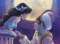  1boy aladdin_(character) aladdin_(disney) artist_name bare_shoulders black_hair blue_shirt breasts brown_eyes brown_hair commentary_request dark_skin dated earrings feathers female flower hair_flower hair_ornament hat highres ika_(4801055) jasmine_(disney) jewelry long_hair looking_at_another moon multi-tied_hair off-shoulder_shirt off_shoulder shirt small_breasts smile white_headwear 