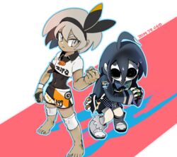  1boy ahoge allister_(pokemon) barefoot bea_(pokemon) blue_outline bodysuit bodysuit_under_clothes boots clenched_hand commentary_request crop_top dark-skinned_female dark_skin dated female gloves grey_eyes grey_hair hairband kuboba_(guroppa) layered_clothes mask outline poke_ball poke_ball_(basic) pokemon pokemon_swsh shadow short_hair 