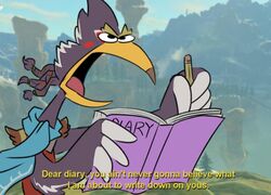  angry anthro avian beak beepingbeepster bird black_eyes book braided_hair breath_of_the_wild cartoon_network cow_and_chicken english_text eyebrows feathers grey_body grey_feathers hair hi_res holding_book holding_object humor male meme nintendo open_mouth parody pencil_(object) reaction_image revali rito scarf screencap screencap_background text the_legend_of_zelda tongue writing_utensil 