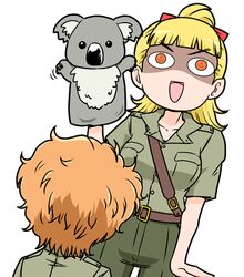  2girls aozora_pou blonde_hair blunt_bangs girls_und_panzer hair_ribbon hand_puppet kamonohashi_(girls_und_panzer) koala koala_forest_military_uniform long_hair lowres messy_hair multiple_girls orange_hair ponytail puppet ribbon shaded_face short_hair short_sleeves simple_background wallaby_(girls_und_panzer) white_background 