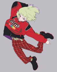  1boy arm_up bad_id bad_twitter_id belt casual contemporary earrings green_hair hair_between_eyes jacket jewelry lio_fotia long_sleeves m&amp;m&#039;s male_focus pants promare purple_eyes shirikon shirt shoes smile sneakers socks solo striped_clothes striped_socks 