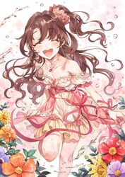  :d blush bow breasts brown_hair choker cleavage closed_eyes collarbone commentary_request detached_sleeves earrings facing_viewer female floating_hair flower hair_between_eyes hair_flower hair_ornament hairbow idolmaster idolmaster_cinderella_girls inzup jewelry long_hair miniskirt one_side_up open_mouth orange_flower pink_bow pink_flower pink_rose pleated_skirt purple_flower red_flower red_ribbon ribbon rose shimamura_uzuki shirt short_sleeves skirt small_breasts smile solo sparkle standing standing_on_one_leg strapless strapless_shirt striped striped_bow very_long_hair white_flower white_rose white_shirt white_sleeves wrist_ribbon yellow_flower yellow_skirt 