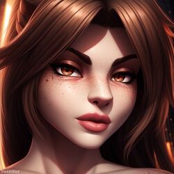  1girls ai_generated amber_eyes anthro darkeffect face face_focus female_only freckles freckles_on_face furry highres light-skinned_female light_brown_hair light_skin lips looking_at_viwer 