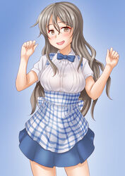  alternate_costume anti_(untea9) apron blue_apron blue_background blue_bow blue_bowtie blue_skirt bow bowtie breasts brown_eyes checkered_apron checkered_clothes employee_uniform female gingham_apron gradient_background grey_hair hair_between_eyes high-waist_skirt highres kantai_collection kobeya kobeya_uniform lips medium_breasts plaid plaid_apron pleated_shirt pola_(kancolle) skirt solo uniform waitress wavy_hair 