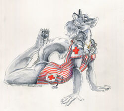  2020 anthro blue_eyes bottomless breasts canid canine canis claws cleavage clothed clothing domestic_dog face_mask female fur grey_body grey_fur grey_hair hair heart_symbol heather_bruton jewelry locket mammal medical_instrument medical_thermometer necklace nurse pawpads scientific_instrument simple_background smile solo stethoscope tail thermometer thermometer_between_breasts weather_instrument white_background white_body white_fur 