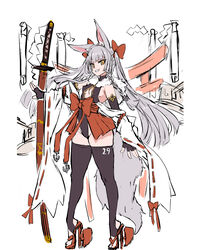  animal_ears asanagi asanagi_(azur_lane) azur_lane black_gloves black_thighhighs breasts bridal_gauntlets cleavage cleavage_cutout clothing_cutout commentary_request concept_art elbow_gloves female fox_ears fox_girl fox_tail gloves grey_hair grin hair_ribbon high_heels highres katana long_hair long_sleeves official_art red_ribbon ribbon rudder_footwear sandals sheath sheathed showgirl_skirt small_breasts smile solo standing stirrup_legwear sword tail teeth thighhighs thighs toeless_legwear twintails very_long_hair weapon wide_sleeves yellow_eyes 