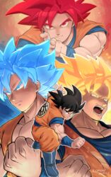  1boy artist_name black_hair blonde_hair blue_eyes blue_hair boots clenched_hand closed_mouth dougi dragon_ball dragon_ball_super dragon_ball_z fighting_stance green_eyes highres konovi_yee large_pectorals looking_at_viewer male_focus multiple_views muscular muscular_male open_mouth pectorals red_eyes red_hair saiyan short_hair smile son_goku spiked_hair super_saiyan super_saiyan_1 super_saiyan_blue super_saiyan_god wristband 