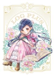  blue_hair book bow braid brown_footwear dress female flower frilled_dress frills full_body hair_flower hair_ornament highres honzuki_no_gekokujou kntsmf long_hair myne_(honzuki_no_gekokujou) open_book pink_bow pink_dress reading white_background yellow_eyes 