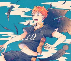  1boy bad_id bad_pixiv_id black_feathers brown_eyes feathered_wings feathers haikyuu!! highres hinata_shouyou karasuno_volleyball_uniform male_focus messy_hair midriff open_mouth orange_hair shorts sky solo sparkle sportswear tanuki_happa volleyball_uniform wings 