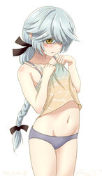  ahoge black_ribbon braid brown_eyes camisole camisole_lift clothes_lift commentary_request cowboy_shot female gradient_camisole grey_hair grey_panties hair_over_eyes hair_ribbon hamanami_(kancolle) kantai_collection long_hair navel one-hour_drawing_challenge panties ray.s ribbon simple_background single_braid solo standing underwear white_background yellow_camisole 