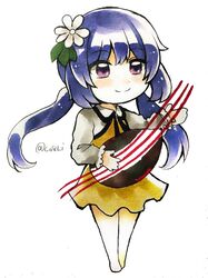  barefoot biwa_lute black_ribbon brown_dress chibi closed_mouth commentary_request dress female flower hair_flower hair_ornament highres instrument long_hair long_sleeves lute_(instrument) maa_(forsythia1729) music neck_ribbon playing_instrument purple_eyes purple_hair ribbon simple_background smile touhou traditional_media tsukumo_benben twintails white_background white_sleeves 