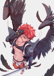  1boy abs absurdres bare_pectorals black_wings closed_mouth emiya_shirou falling_feathers fate/grand_order fate_(series) feathered_wings feathers half_mask highres holding holding_sword holding_weapon japanese_clothes kamigokuin male_focus mask official_alternate_costume orange_pants pants pectorals red_hair senji_muramasa_(fate) senji_muramasa_(night_parade_of_one_hundred_demons)_(fate) short_hair shrug_(clothing) solo sword toned toned_male weapon white_background wings yellow_eyes 