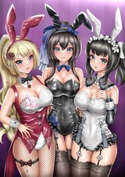  3girls animal_ears aqua_eyes arm_at_side assault_lily bad_id bad_pixiv_id bare_shoulders black_bow black_bowtie black_hair black_hairband black_leotard black_pantyhose black_thighhighs blonde_hair blue_bow blue_bowtie blue_flower blue_rose blunt_bangs blush bow bow_hairband bowtie breasts brown_bow brown_flower brown_hair brown_rose buttons cleavage closed_mouth coattails collar collarbone commentary_request covered_navel cowboy_shot detached_collar detached_sleeves fake_animal_ears fingernails fishnet_pantyhose fishnets floral_print flower frilled_collar frilled_hairband frilled_leotard frills garter_straps gradient_background hair_between_eyes hair_flower hair_ornament hairband hairbow hand_on_own_chest hand_on_own_hip hand_up high_ponytail highres imai_tomohiro jewelry large_breasts leotard long_hair long_sleeves looking_at_viewer miyagawa_takane multiple_girls official_alternate_costume official_alternate_hairstyle pantyhose parted_lips pendant playboy_bunny ponytail print_leotard purple_background purple_eyes rabbit_ears raised_eyebrows red_eyes red_hairband red_vest ring rose rose_print serizawa_chikaru side-by-side side_ponytail sidelocks sleeves_past_wrists smile standing strapless strapless_leotard striped striped_background tassel thigh_bow thigh_gap thigh_strap thighhighs very_long_hair vest wang_yujia white_bow white_hairband white_leotard wrist_cuffs 