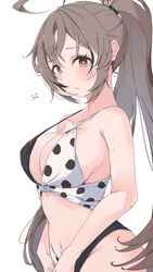  absurdres ahoge arms_at_sides bikini blush breasts bright_pupils brown_eyes brown_hair chillout_tang cleavage closed_mouth colored_tips cowboy_shot female from_side highres hololive hololive_english long_hair looking_at_viewer medium_breasts multicolored_hair nanashi_mumei navel polka_dot ponytail simple_background solo strap_gap swimsuit tareme very_long_hair virtual_youtuber white_background 