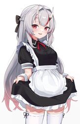  :d absurdres alternate_costume apron blush braid breasts commentary_request cowboy_shot enmaided female french_braid gradient_hair grey_hair highres hitachi_sou hololive horns long_hair looking_at_viewer maid multicolored_hair nakiri_ayame oerba_yun_fang red_eyes red_hair simple_background skin-covered_horns skin_fang skirt_hold small_breasts smile solo standing streaked_hair thighhighs virtual_youtuber waist_apron white_background white_hair white_thighhighs wrist_cuffs zettai_ryouiki 