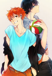  2boys bad_id bad_pixiv_id ball belt black_hair blue_hair blue_shirt brown_belt brown_eyes earbuds earphones grin haikyuu!! hand_in_pocket highres hinata_shouyou holding holding_ball jewelry kageyama_tobio looking_at_viewer male_focus messy_hair multiple_boys necklace orange_hair shirt simple_background smile tanuki_happa volleyball volleyball_(object) 