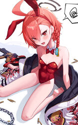  absurdres ahoge animal_ears asymmetrical_bangs barefoot blue_archive bow bowtie braid chains detached_collar fake_animal_ears feet female goeleu gun halo highres huge_ahoge jacket legs leotard mole mole_under_eye neru_(blue_archive) neru_(bunny)_(blue_archive) orange_hair playboy_bunny print_jacket rabbit_ears red_bow red_bowtie red_eyes red_leotard sig_mpx single_braid sitting soles solo spoken_squiggle squiggle strapless strapless_leotard submachine_gun sukajan toe_cleavage toes wariza weapon 