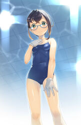  blue-framed_eyewear blue_one-piece_swimsuit breasts brown_hair ceiling commentary_request competition_school_swimsuit covered_navel feet_out_of_frame female from_below glasses gloves green_eyes hand_on_own_chest heibonkaeru highres kantai_collection looking_at_viewer multicolored_hair navel okinami_(kancolle) one-piece_swimsuit pink_hair school_swimsuit short_hair small_breasts solo swimsuit tile_ceiling tiles white_gloves 