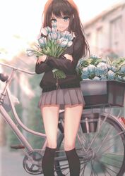  absurdres bicycle black_cardigan black_socks blurry blurry_background bouquet brown_hair cardigan closed_mouth day female flower green_eyes grey_skirt hair_between_eyes highres holding holding_bouquet holding_flower idolmaster idolmaster_cinderella_girls kneehighs long_hair long_sleeves miniskirt outdoors pleated_skirt popcat_(jung5u) school_uniform shibuya_rin skirt smile socks solo straight_hair tulip white_flower white_tulip 