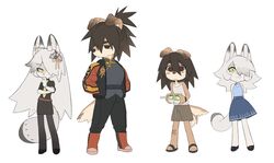  2girls :&lt; :3 age_comparison animal_ears animal_feet baggy_pants bandaid bandaid_on_leg before_and_after black_legwear blue_dress body_fur brown_eyes brown_hair brown_shorts chinese_clothes dog_ears dog_girl dog_tail dress ear_piercing elbow_on_arm food fox_ears fox_girl fox_tail furry furry_female gradient_hair green_eyes grey_hair hair_ornament hands_in_pockets highres holding holding_food jacket knifedragon long_hair looking_at_viewer medium_hair multicolored_hair multiple_girls necktie original pants piercing sandals short_hair short_ponytail shorts sleeveless sleeveless_dress sleeves_rolled_up tail tail_wagging tangzhuang tank_top toeless_footwear two-tone_hair white_background white_hair white_tank_top 