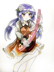  bare_legs barefoot biwa_lute black_ribbon brown_dress closed_mouth commentary_request dress female flower hair_flower hair_ornament highres instrument long_hair long_sleeves lute_(instrument) maa_(forsythia1729) music musical_note neck_ribbon playing_instrument purple_eyes purple_hair ribbon simple_background smile touhou traditional_media tsukumo_benben twintails white_background white_sleeves 