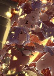  2girls battle blue_dress blurry blurry_foreground curled_horns detached_sleeves dress from_side hair_ornament highres holding horns layered_sleeves leaf_hair_ornament long_sleeves looking_at_another mirror multiple_girls onbashira open_mouth otomeza_ryuseigun purple_hair red_eyes red_shirt red_sleeves rope sharp_teeth shide shirt short_hair short_over_long_sleeves short_sleeves sunken_fossil_world teeth touhou toutetsu_yuuma utensil v-shaped_eyebrows white_hair yasaka_kanako 