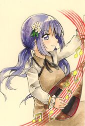  biwa_lute black_ribbon breasts brown_dress closed_mouth commentary_request dress female flower hair_flower hair_ornament highres instrument long_hair long_sleeves lute_(instrument) maa_(forsythia1729) music musical_note neck_ribbon playing_instrument purple_eyes purple_hair ribbon simple_background small_breasts smile solo touhou traditional_media tsukumo_benben twintails white_background white_sleeves 