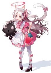  angry animal_ears apron bag bangs black_footwear bow carrying carrying_under_arm cat_ears cat_girl cat_tail dress female food-themed_bag frilled_skirt frills frown full_body hair_ribbon hairbow halo hand_on_hip heart heart_print high_heels highres long_hair looking_at_viewer maid maid_apron maid_headdress oerba_yun_fang open_mouth original paw_hair_ornament paw_print pigeon-toed pink_bow pink_dress pink_skirt pleated_skirt pomu_(pomu_me) red_eyes revision ribbon shoes short_sleeves simple_background skirt solo standing strawberry_bag stuffed_animal stuffed_toy tail tail_bow tail_ornament tail_raised thighhighs two_side_up v-shaped_eyebrows very_long_hair wavy_hair white_background white_thighhighs 