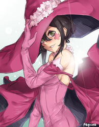  artist_name backlighting black_hair breasts elbow_gloves facial_mark female gloves green_eyes grin hair_between_eyes hair_bun hat large_breasts looking_at_viewer photoshop_(medium) pink_gloves pink_hat saruno_(eyesonly712) sideboob sidelocks single_hair_bun smile solo upper_body v_lila_f white_background witch_hat yozakura_quartet 