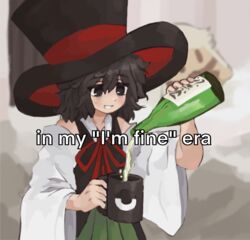  1other alcohol androgynous bare_shoulders black_eyes black_hair coat cup detached_sleeves english_text enraku_tsubakura evanescent_existence green_skirt gzpxllztt hair_between_eyes hakama hakama_short_skirt hakama_skirt hat highres holding holding_cup houlen_yabusame houlen_yabusame_(slime) japanese_clothes large_hat large_ribbon len&#039;en looking_at_object neck_ribbon nervous_smile open_mouth other_focus pleated_skirt pouring red_ribbon ribbon short_hair skirt sleeveless sleeveless_coat smile sweatdrop teeth top_hat white_sleeves wide_sleeves 