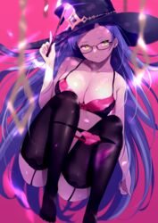  absurdres blue_hair bra breasts cleavage female garter_straps hat highres kairi_(miry666) large_breasts long_hair midair original panties panty_pull pink_background pink_bra pink_panties solo underwear underwear_only wand witch witch_hat yellow_eyes 