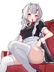  alternate_costume blush breasts couch enmaided female gradient_hair grey_hair highres hitachi_sou hololive horns long_hair looking_at_viewer maid mouth_hold multicolored_hair nakiri_ayame red_eyes red_hair ribbon simple_background sitting skin-covered_horns small_breasts solo streaked_hair thighhighs virtual_youtuber white_background white_thighhighs wrist_cuffs 