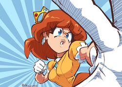  absurdres blue_eyes brown_hair crown dress earrings female flower_earrings gloves highres inker_comics jewelry long_hair mario_(series) pov princess_daisy punching solo twitter_username white_gloves 