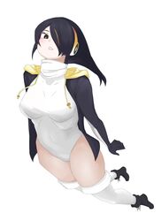  black_footwear black_gloves black_hair black_hoodie blush boots breasts brown_eyes emperor_penguin_(kemono_friends) female gloves hair_over_one_eye headphones highres hood hood_down hoodie kemono_friends leotard long_sleeves multicolored_hair open_clothes open_hoodie orange_hair penguin_girl penguin_tail plq0022 short_hair solo streaked_hair tail thighhighs white_leotard white_thighhighs yellow_hood 