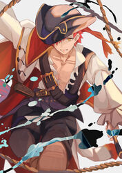  1boy absurdres black_pants boots chest_belt emiya_shirou fate/grand_order fate_(series) hair_over_one_eye hat highres kamigokuin looking_at_viewer male_focus official_alternate_costume one_eye_covered open_mouth pants pectoral_cleavage pectorals pirate pirate_costume pirate_hat red_hair senji_muramasa_(fate) senji_muramasa_(treasure_of_the_caribbean)_(fate) shirt short_hair smile solo tricorne white_background white_shirt wide_sleeves yellow_eyes 