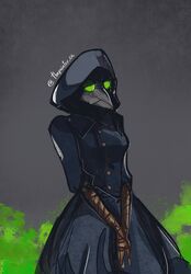  black_dress breasts brown_gloves buttons drawing dress elbow_gloves female fortnite gloves green_eyes highres hood hood_up long_sleeves mask plague_doctor plague_doctor_mask scourge_(fortnite) simple_background solo thepainter_06 