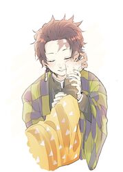  2boys agatsuma_zenitsu brown_hair checkered_haori checkered_sash closed_eyes demon_slayer_uniform earrings hanafuda hand_on_another&#039;s_cheek hand_on_another&#039;s_face haori highres holding_another&#039;s_wrist japanese_clothes jewelry kamado_tanjirou kimetsu_no_yaiba male_focus multiple_boys scar scar_on_face scar_on_forehead simple_background smile solo_focus tanuki_happa triangle_print 