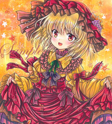  :d aki_minoriko autumn_leaves black_bow black_bowtie blonde_hair bow bowtie corset cowboy_shot falling_leaves female food forest frilled_corset frilled_shirt_collar frilled_skirt frilled_sleeves frills fruit grapes green_ribbons head_tilt juliet_sleeves leaf leaf_print long_sleeves looking_at_viewer marker_(medium) nature neck_ribbon open_mouth outdoors print_skirt puffy_sleeves red_corset red_eyes red_headwear red_skirt ribbon rui_(sugar3) sample_watermark shirt skirt skirt_hold smile solo touhou traditional_media tree watermark yellow_background yellow_shirt yellow_theme 