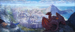  2020 ambiguous_gender back_spikes brown_body brown_scales building city cityscape claws cloud day detailed detailed_background detailed_scales docks dragon facial_spikes feral group head_spikes hi_res long_tail looking_at_another lying membrane_(anatomy) membranous_wings mountain mythological_creature mythological_scalie mythology on_side outside plant purple_body purple_scales red-izak red_body red_scales scales scalie scenery scenery_porn scenic_view sea seaside shaded shadow sitting sky skyscraper spikes spikes_(anatomy) spread_wings tail text translucent translucent_wings tree url water wing_claws wings 