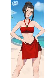  artist_name avatar:_the_last_airbender avatar_legends azula beach bikini black_hair blush breasts carlo_montie cloud collarbone day english_commentary eyelashes feet_out_of_frame female forehead halterneck hands_on_own_hips legs lipstick looking_at_viewer makeup medium_breasts medium_hair navel ocean outdoors palm_tree parted_lips pink_lips red_bikini shadow short_hair_with_long_locks sidelocks solo standing stomach swimsuit thighs topknot tree yellow_eyes 