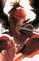  1boy absurdres bare_pectorals barefoot black_wings emiya_shirou falling_feathers fate/grand_order fate_(series) feathered_wings feathers half_mask highres holding holding_sword holding_weapon japanese_clothes kamigokuin male_focus mask official_alternate_costume orange_hair orange_pants pants pectorals senji_muramasa_(fate) senji_muramasa_(night_parade_of_one_hundred_demons)_(fate) short_hair shrug_(clothing) solo sword toned toned_male weapon white_background wings yellow_eyes 