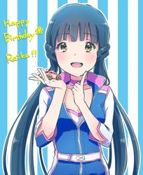  belt birthday blue_background blue_hair blue_sleeves blue_track_suit blunt_bangs breasts character_name choker cleavage collarbone commentary_request english_text eyelashes female finger_to_own_chin fingernails happy_birthday holding holding_toy idolmaster idolmaster_million_live! kitakami_reika light_blush long_hair long_sleeves looking_at_viewer low_twintails open_mouth outline pink_choker shirt sleeves_past_elbows small_breasts smile solo straight-on straight_hair striped striped_background teeth toy toy_car twintails two-tone_background two-tone_sleeves upper_body upper_teeth_only white_background white_belt white_outline white_shirt white_sleeves witoi_(roa) yellow_eyes 