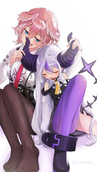  2girls ahoge ankle_cuffs ascot bare_shoulders black_horns blue_eyes braid braided_bangs breast_zipper drooling grey_hair hair_wings head_wings highres hololive horns la+_darknesss la+_darknesss_(1st_costume) multicolored_hair multiple_girls necktie pantyhose pink_hair pink_necktie pointy_ears purple_hair sitting sleeping sleeping_on_person streaked_hair striped_horns takane_lui takane_lui_(1st_costume) virtual_youtuber wings yukisanedayo 