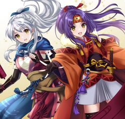  2girls :d bandages black_gloves blue_scarf breasts chest_sarashi commentary_request fingerless_gloves fire_emblem fire_emblem:_radiant_dawn fire_emblem_heroes gloves highres japanese_clothes kakiko210 kimono long_hair looking_at_viewer medium_breasts micaiah_(fire_emblem) micaiah_(ninja)_(fire_emblem) multiple_girls ninja official_alternate_costume official_alternate_hairstyle open_mouth ponytail purple_hair sanaki_kirsch_altina sanaki_kirsch_altina_(ninja) sarashi scarf shuriken smile weapon white_hair yellow_eyes 