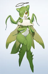  abdomen_tail arthropod_girl arthropod_limbs black_sclera blue_background breasts carapace colored_sclera colored_skin daon_(kenta111881) extra_arms female full_body fur_trim gradient_background green_hair green_skin green_wings hair_over_one_eye hands_up head_tilt highres insect_wings looking_at_viewer mantis_girl medium_breasts monster_girl no_feet open_mouth original parasite short_hair solo standing tail tongue tongue_out white_background white_skin wings worm yellow_eyes 