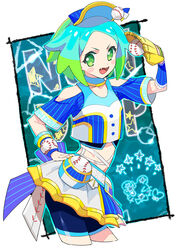  :d bare_shoulders baseball baseball_mitt baseball_uniform blue_hair blue_shirt blue_shorts blush chuppe clothing_cutout commentary_request cropped_legs cropped_shirt female green_eyes green_hair hand_on_own_hip hand_up idol_clothes idol_time_pripara looking_at_viewer midriff moudoku_(decopon3rd) multicolored_hair nijiiro_nino oerba_yun_fang open_mouth pleated_skirt pretty_series pripara salute shirt short_hair short_sleeves shorts shoulder_cutout skirt smile solo sportswear standing two-tone_hair v-shaped_eyebrows visor_cap 