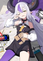  absurdres ahoge bare_shoulders black_horns black_nails book braid braided_bangs breasts clock crayon drooling female grey_hair highres hololive horns la+_darknesss la+_darknesss_(1st_costume) long_hair looking_at_viewer lying manjirou_(manji_illust) multicolored_hair nail_polish nintendo_switch on_back one_eye_closed open_mouth pointy_ears purple_hair small_breasts solo streaked_hair striped_horns virtual_youtuber yellow_eyes 