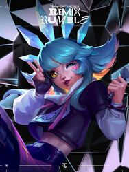  absurdres aqua_hair black_gloves chameleon_girl english_commentary eyeshadow female fingerless_gloves fingernails freckles gloves hair_between_eyes highres holding holding_microphone k/da_neeko league_of_legends long_hair long_sleeves looking_at_viewer makeup microphone neeko_(league_of_legends) official_alternate_costume official_alternate_hairstyle official_art one_eye_closed sidelocks smile solo teamfight_tactics v yellow_eyes 