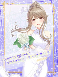  absurdres blush bouquet character_name clothing_cutout dated dress female fingernails floating_hair floral_background hair_bun happy_birthday highres holding holding_bouquet idolmaster idolmaster_million_live! light_brown_hair long_sleeves looking_at_viewer nail_polish see-through see-through_sleeves shiro_(ongrokm) shoulder_cutout sidelocks single_hair_bun smile solo tenkubashi_tomoka white_dress 